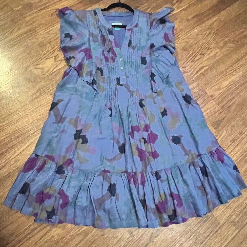 A+ Anthropologie 1X blue/periwinkle floral silk mini flutter sleeveless babydoll